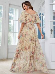 Vestido elegante de cuello corazón con mangas cortas abullonadas y estampado floral para mujeres
