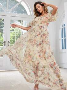 Vestido elegante de cuello corazón con mangas cortas abullonadas y estampado floral para mujeres
