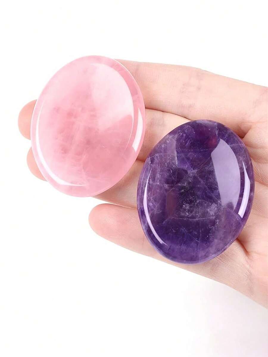 2pcs/Set Thumb Worry Stone Stress Relief Healing Crystals Set White Crystal Amethyst Rose Quartz Hand Carved Gemstone Lovely Healing Stone Meditation Reiki Oval Palm Stone Ideal Gift - 2pcs/set - View 1
