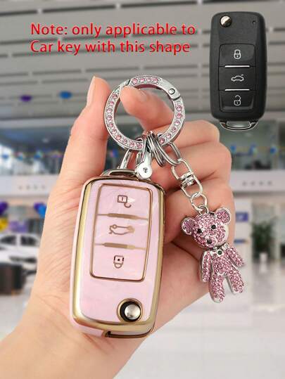 طقم 3 قطع كفر مفتاح سيارة ناعم من الجاد بنقشة أزهار الخوخ + قلادة دب بلوري وردي + مفتاح براغي مناسب لمفاتيح سيارات فولكس فاجن باسات ساجيتار لافيدا تيجوان ماجوتان جيتا بورا