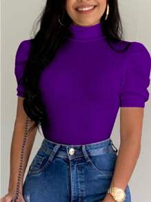 WOMEN'S BLOUSE HIGH NECK SHORT SLEEVE PRINCESS CASUAL SIMPLE OCCASIONAL - Màu tím - Xem 2