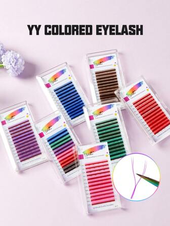 yelix 12 filas de extensiones de pestañas en forma de Y con puntas dobles tejidas a mano, abanico premontado, colores variados, rizado C/D, grosor 0.07mm, para maquillaje - Racimos de pestañas, pestañas individuales, pestañas postizas