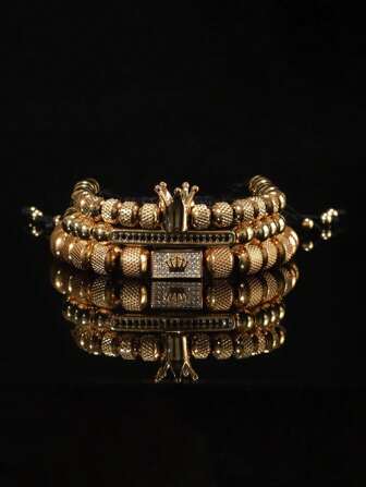 3 件皇冠珠手链，带花卉图案和可调节珠宝，适合男士