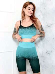 YOGA SET FASHION FITNESS SEAMLESS GRADE SHORT AND TOP - 淺藍色 - 查看 7