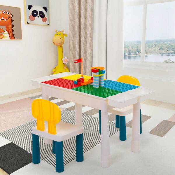 All-In-One Kids Activity Table And Chairs Set, Building Block Table With 100PCS DIY Blocks Toys, Dining Table Study Desk For Toddlers