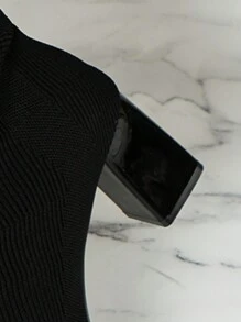 Giày Bốt Tây Nữ Mũi Vuông Chunky Tây, Giày Cao Gót Màu Đen Mới, Giày Bốt Dệt Kim Đến Mắt Cá Chân Cho Nữ, Mùa Thu/Đông - màu đen - Xem 4