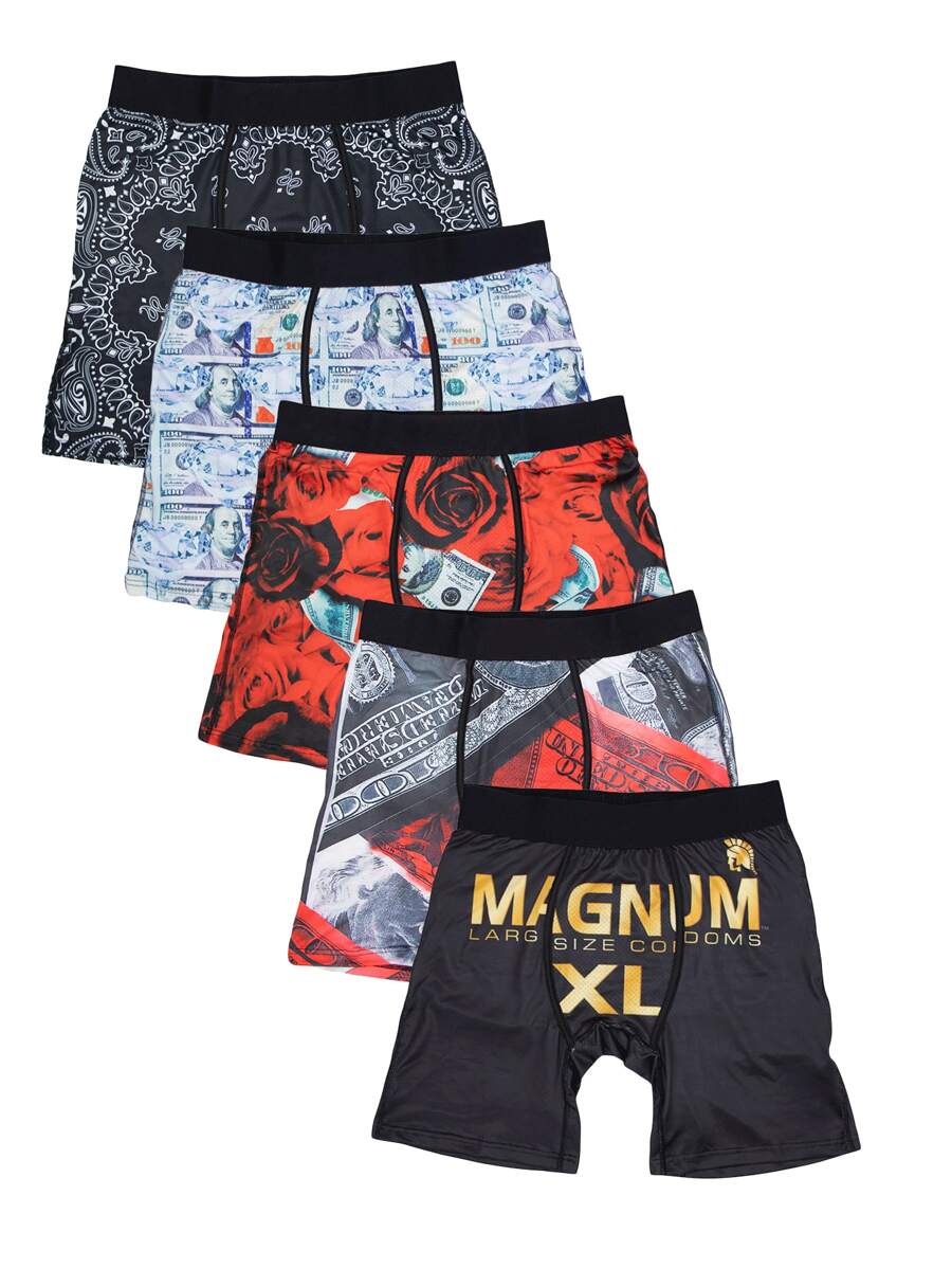 5pcs/Pack Men's Printed Long Boxer Briefs - Multicolor - View 1