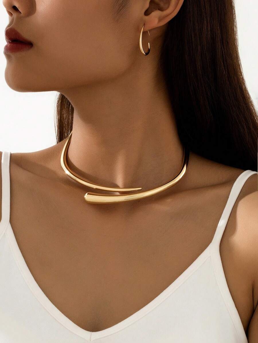 1 套简约钉形合金颈链和泪珠耳环套装，适合女性夏季海滩装的礼物 - 金黃色 - 查看 1