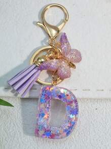 1个字母雪花树脂钥匙扣，女士包包挂饰，蝴蝶流苏礼品，汽车配件，书包配件，带证件夹的挂绳，汽车配件，包包挂饰，送给母亲、父亲、毕业生和老师的礼物 - 紫色 - 查看 29