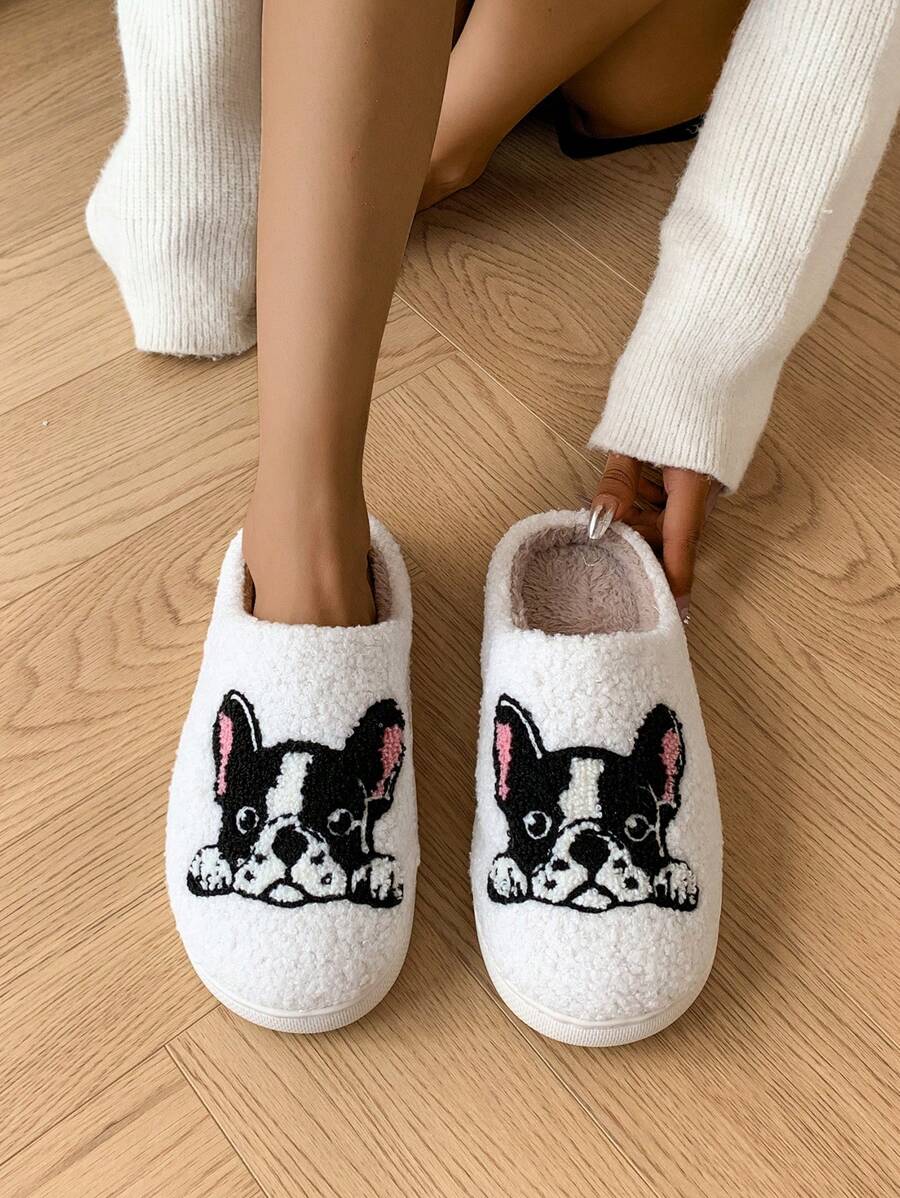 Chinelos de Pelúcia Bordados com Design de Cachorro Adorável, para Uso Interno, Outono/Inverno