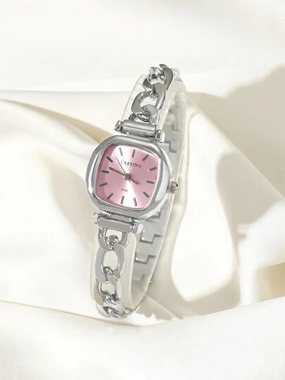  CARYINO 1pc Stainless Steel Band Women's Square Bracelet Watch, Elegant And Versatile, Delicate Pink Mother-Of-Pearl Dial, Multi-Functional, Suitable For Daily Wear
