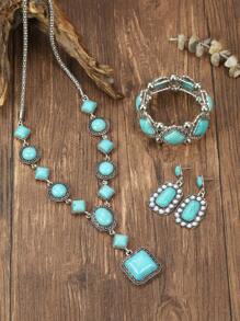 1set Retro Turquoise Beaded Sweater Chain, Necklace, Earrings And Bracelet Jewelry Set, Suitable For Women Daily Wear
