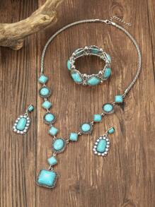 1set Retro Turquoise Beaded Sweater Chain, Necklace, Earrings And Bracelet Jewelry Set, Suitable For Women Daily Wear