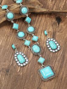 1set Retro Turquoise Beaded Sweater Chain, Necklace, Earrings And Bracelet Jewelry Set, Suitable For Women Daily Wear