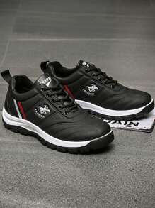 Zapatillas de tenis casuales para hombres, suela antideslizante de color sólido con cordones Zapatillas para correr en pareja - Negro - Ver 7