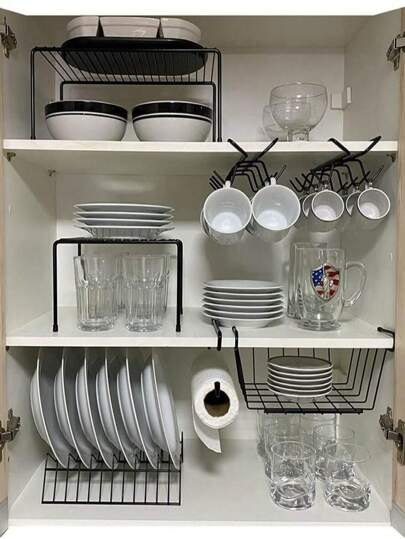 Kit Organizador de Armário Aramado de Cozinha Suporte de Prato Xícara Cesto 7 Peças