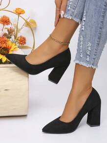 Tacones altos tipo salón de punta afilada negro para mujer, zapatos formales de tacón grueso para trabajo y ir a la oficina - Negro - Ver 2