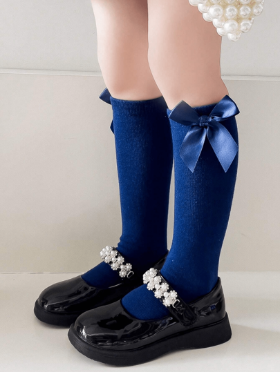 1 Pair Kids Bow Decor Long Stockings, Straight Cylinder Heelless Design, Front And Back Can Be Worn,Princess Style All Seasons