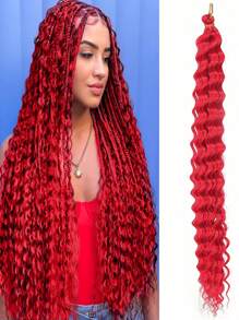 Cabello de ganchillo con efecto ola de mar para mujer de 18 a 32 pulgadas, 1 pieza de extensiones de cabello trenzado rizado profundo, cabello de ganchillo suave para trenzas bohemias (rojo) - Rojo - Ver 2