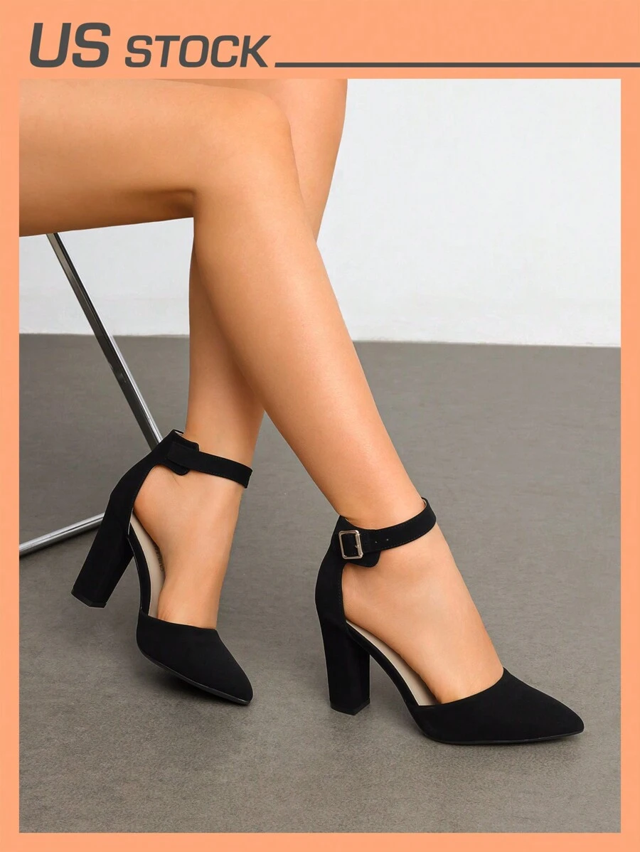 Women's Chunky High Heels Pumps Ankle Strap Closed Pointed Toe Elegant Fashionable Comfortable Dating Wedding Party Dress Shoes - 黑色 - 查看 1
