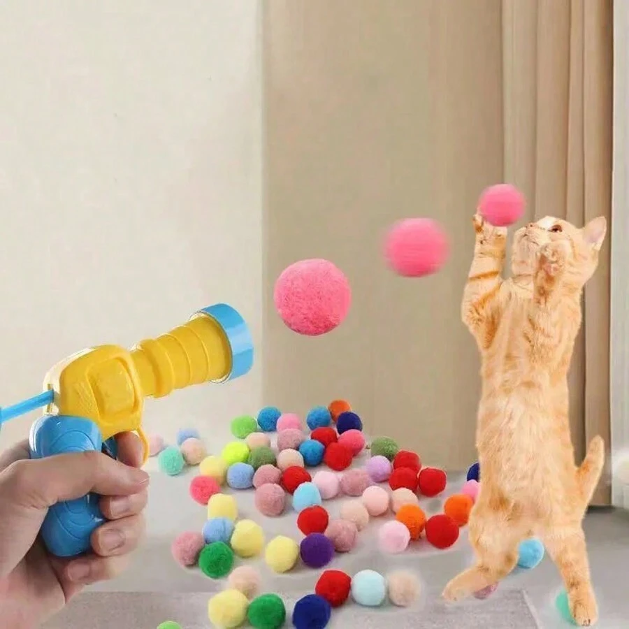 1pc Plush Ball Launcher Plastic Cat Interactive Toy With Random Color Plush Pompom Balls For Cats Kittens - Multicolor - View 1