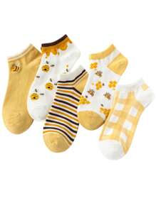 运动户外 5 双可爱舒适女士蜜蜂条纹中筒袜 - 透气柔软短袜