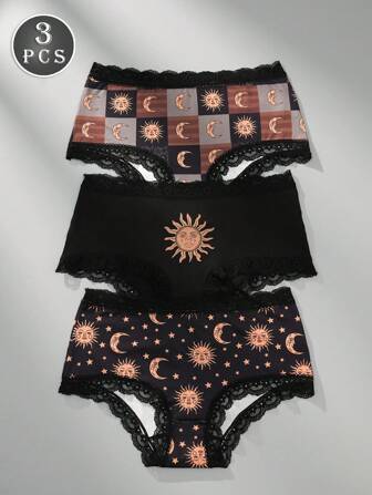 3 Stück/Packung Damen Unterhosen mit Sonnensystem Muster, Spitzenbesatz, atmungsaktiv und bequem
