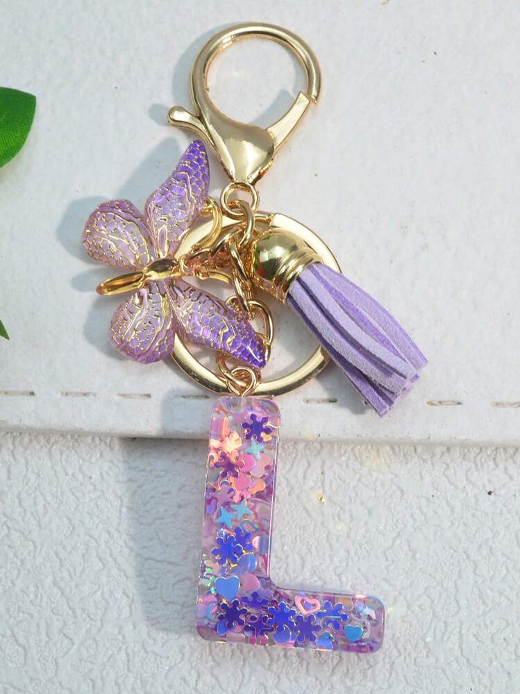 1pc Initial Letter Snowflake Resin Keychain, Women Bag Charm Pendant Decor, Butterfly Tassel Gift Car Accessories School Bag Accessories Lanyards With Id Holder Car Accessories Bag Charms - Purple - View 40