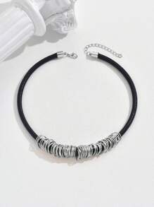 1pc Fashion Minimalist Retro Personalized Exaggerated Multi Circle Geometric Leather Rope Necklace Choker - Silver - View 3