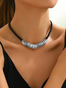 1pc Fashion Minimalist Retro Personalized Exaggerated Multi Circle Geometric Leather Rope Necklace Choker - Silver - View 1