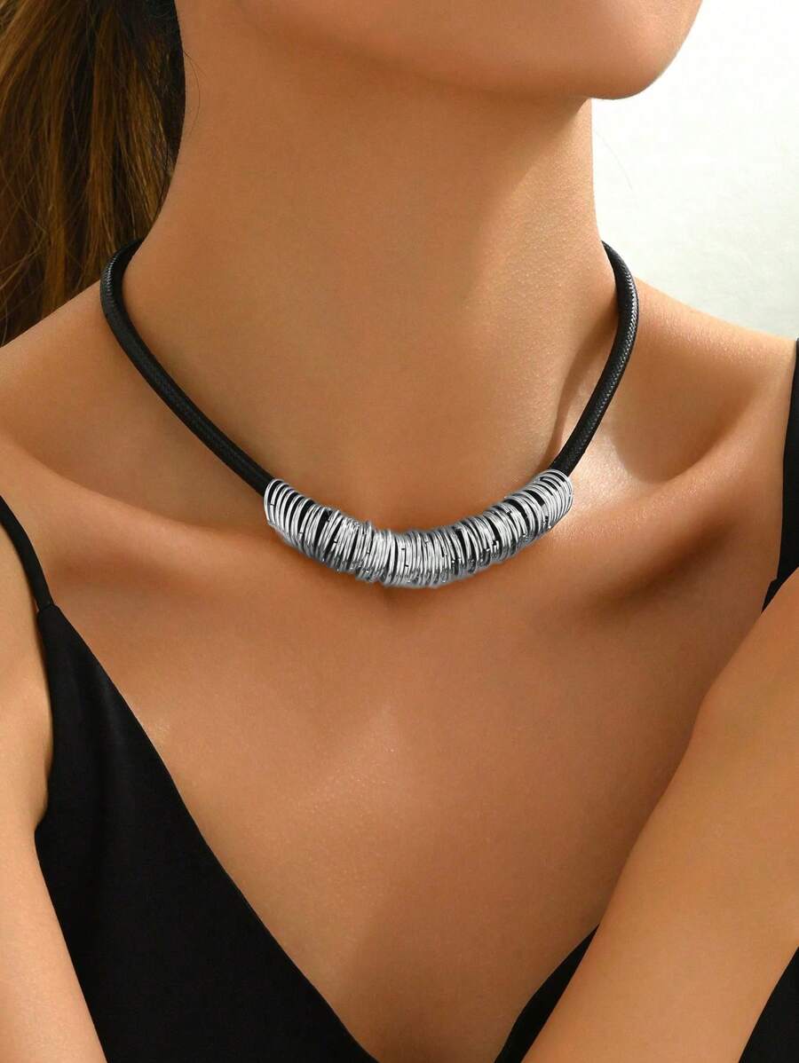1pc Fashion Minimalist Retro Personalized Exaggerated Multi Circle Geometric Leather Rope Necklace Choker - Silver - View 1