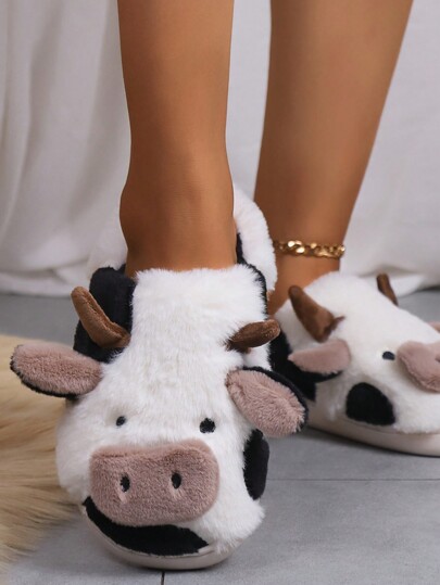 Papuci unisex pentru copii, cu model de vacă drăguță, moale, pentru interior, călduroase și pufoase