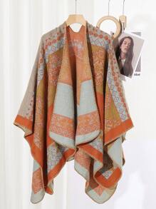 1pc Geometric Pattern Acrylic Hooded/Hoodless Cape Poncho, Fashionable Loose Fit Versatile Cloak For Spring, Summer, Autumn & Winter