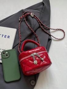 1 pieza Mini bolso de mujer de moda, unicolor, bordado con forma de rombo, bolso de bandolera adecuado para guardar tarjetas y llaves - Rojo - Ver 6