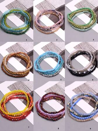 4 Pieces Set Faceted Glass Beads Stretch Bracelet AB Effected Glass Beads Multi Color Green Blue Elastic Beaded Handmade Bracelet Jewelry