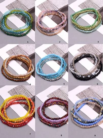 Set da 4 braccialetti elastici con perline di vetro incise, perline di vetro con effetto AB, braccialetti fatti a mano con perline multicolore verde e blu