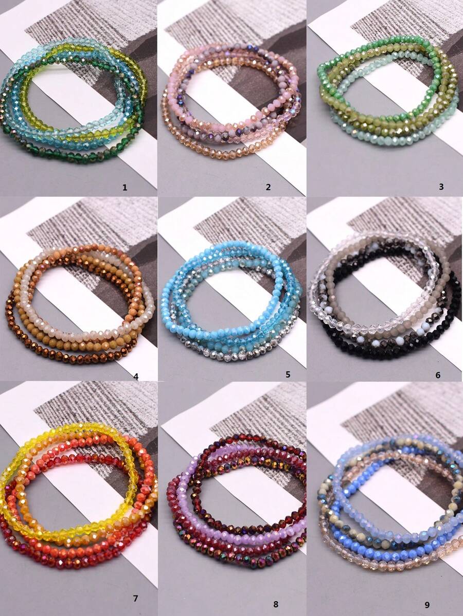 4pcs/Set Engraved Glass Bead Elastic Bracelets, AB Effect Glass Beads, Multi-Color Green & Blue Handmade Beaded Bracelets - Glass Bracelet - View 1