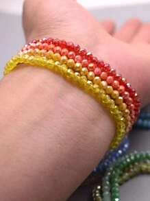 4pcs/Set Engraved Glass Bead Elastic Bracelets, AB Effect Glass Beads, Multi-Color Green & Blue Handmade Beaded Bracelets - Glass Bracelet - View 3