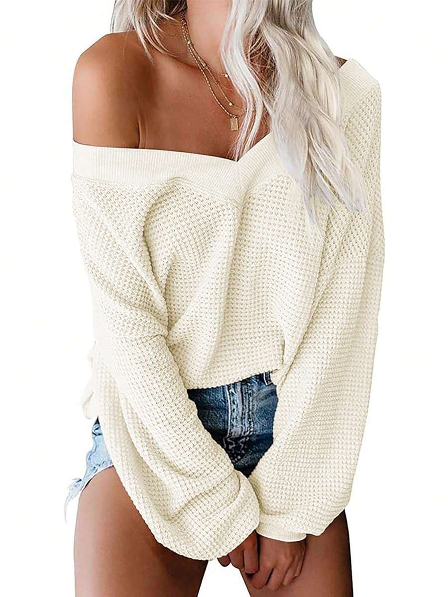 Women V-Neck Long Sleeve Waffle Knit Off-Shoulder Pullover Sweater - Apricot - View 1