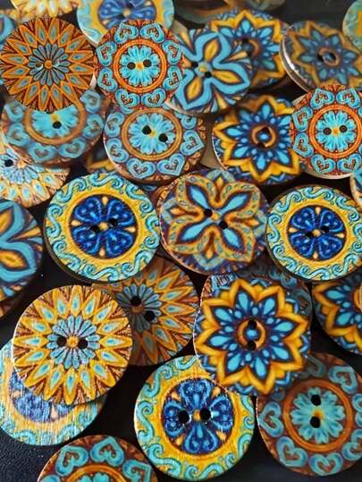 50 قطعة أزرار خشبية رترو بوهيمي للحرف اليدوية والخياطة - ألوان وأنماط عشوائية