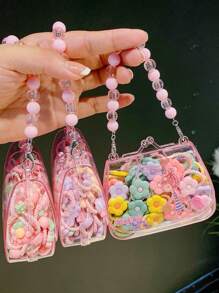 20 pièces Lot de pinces à cheveux mignons avec fleurs et nœuds de dessin animé, pour les filles - Bandeaux élastiques colorés avec boîte à bijoux perlée pour queue de cheval