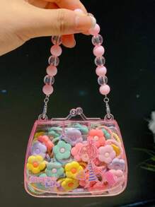 20 pièces Lot de pinces à cheveux mignons avec fleurs et nœuds de dessin animé, pour les filles - Bandeaux élastiques colorés avec boîte à bijoux perlée pour queue de cheval