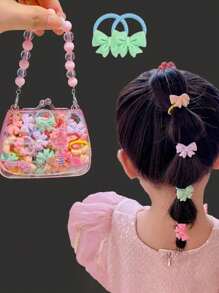 20 pièces Lot de pinces à cheveux mignons avec fleurs et nœuds de dessin animé, pour les filles - Bandeaux élastiques colorés avec boîte à bijoux perlée pour queue de cheval