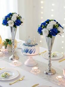 1/2 piezas Ramo de flores artificiales centro de mesa de boda, decoración con bola de flores de rosa blanca de plástico para boda - Azul y blanco - Ver 7