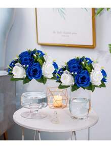 1/2 piezas Ramo de flores artificiales centro de mesa de boda, decoración con bola de flores de rosa blanca de plástico para boda - Azul y blanco - Ver 5