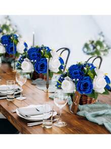 1/2 piezas Ramo de flores artificiales centro de mesa de boda, decoración con bola de flores de rosa blanca de plástico para boda - Azul y blanco - Ver 2