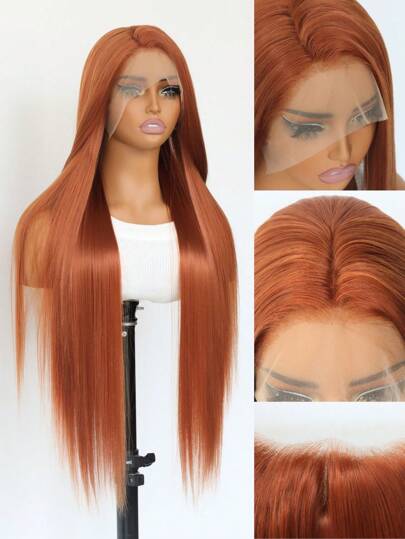 SALLYWELL 深橙色长款合成蕾丝前假发丝滑直发 13x4 前蕾丝替换假发自然发际线无胶耐热纤维适合时尚女性女孩派对度假化妆日常佩戴 32 英寸
