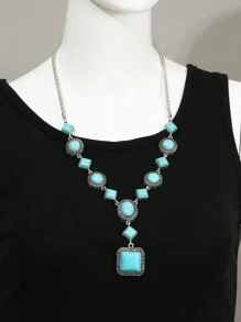 1set Retro Turquoise Beaded Sweater Chain, Necklace, Earrings And Bracelet Jewelry Set, Suitable For Women Daily Wear
