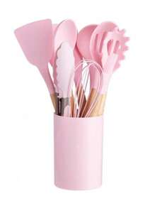 Set 12 espatulas utensilios de cocina de silicona con mango de madera - Rosa - Ver 4