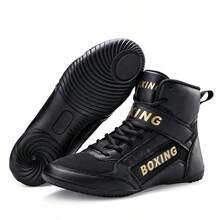 Zapatos de lucha de caña alta para hombres, botas profesionales de boxeo negras antideslizantes y duraderas para competencia con buen ajuste - Negro - Ver 4